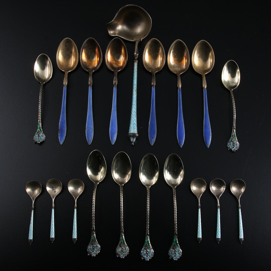 Gorham and Other Guilloché Enamel and Sterling Silver Spoons with Ladle