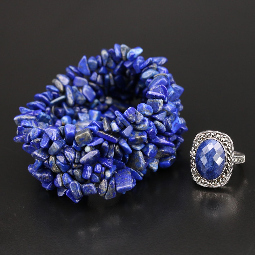 Sterling Corundum and Marcasite Ring with Woven Lapis Lazuli Expandable Bracelet
