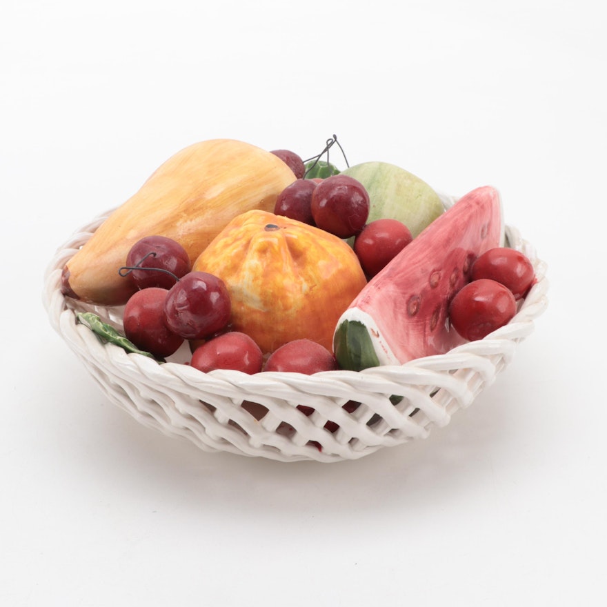 Bassano Hand-Painted Fruit Basket Form Ceramic Centerpiece