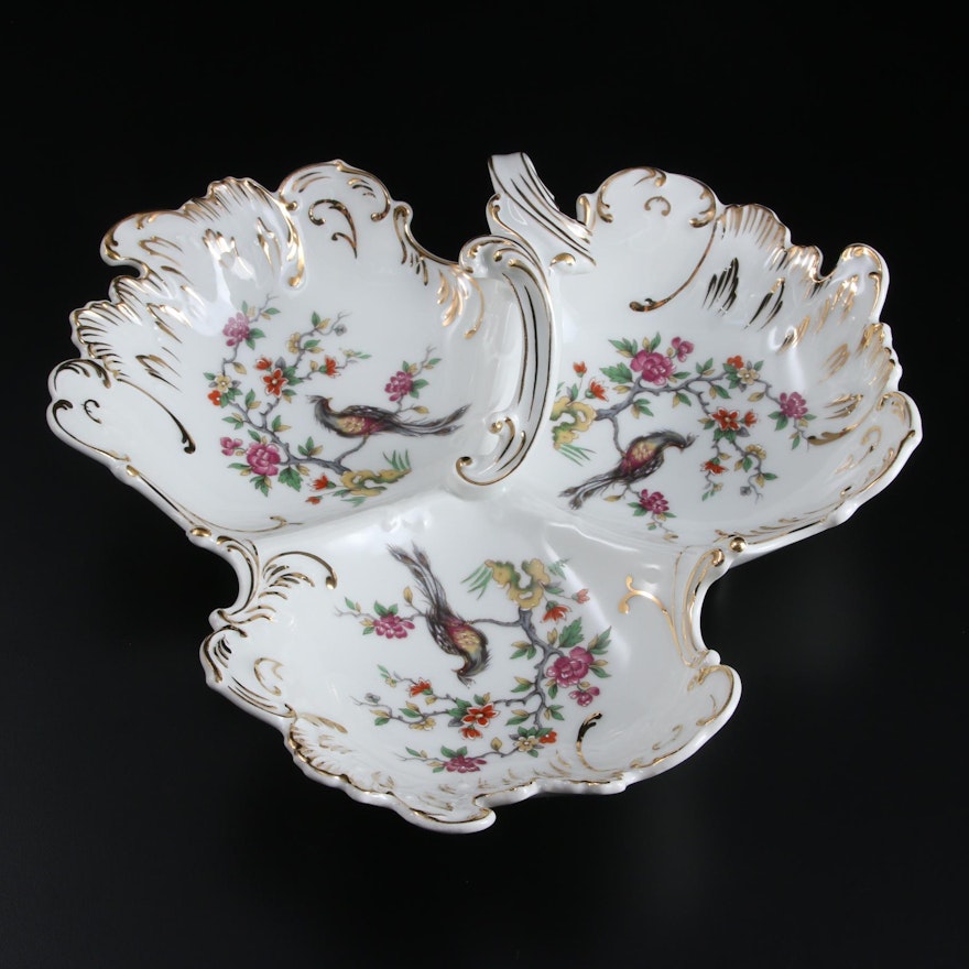 Limoges Porcelain Handled Divided Peacock and Blossom Dish, Mid-20th Century