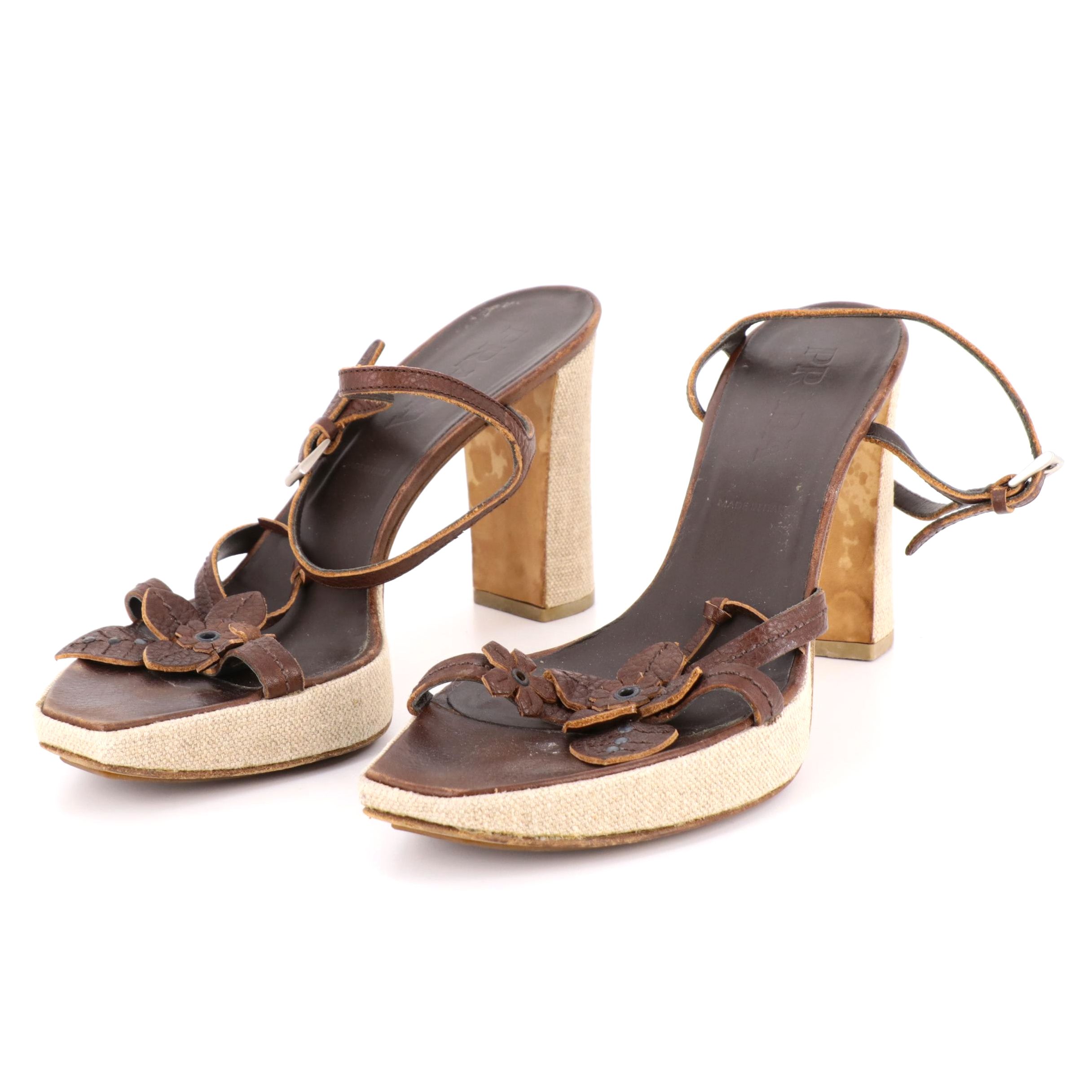 Prada Brown Leather Floral Embellished Platform Block Heeled Sandals
