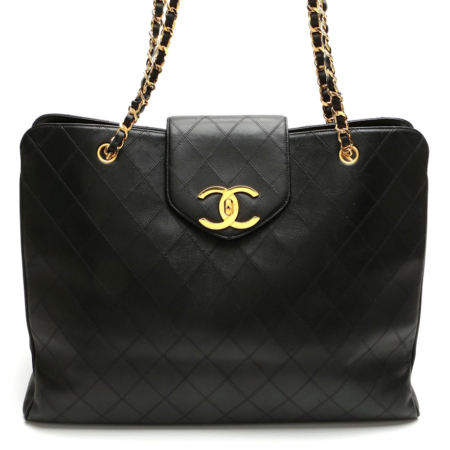 Chanel XL Supermodel Tote/Weekender Bag in Black Diamond Stitch Lambskin Leather