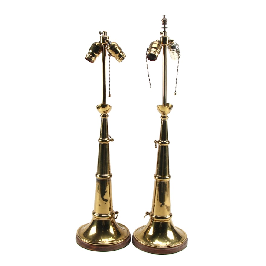 Brass Fireman's Speaking Trumpets Adapted as Table Lamps, 20th Century