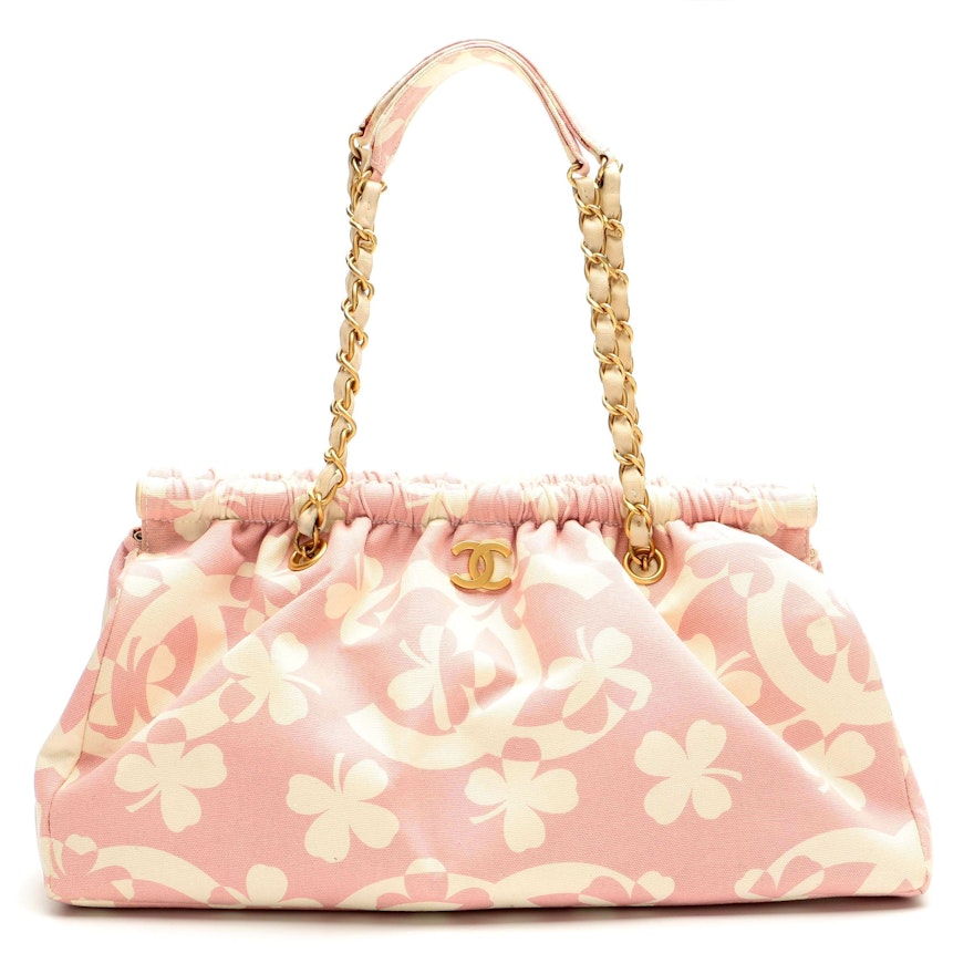 Chanel CC Clover Print Pink and White Canvas Shoulder Bag with Accessory Pouch