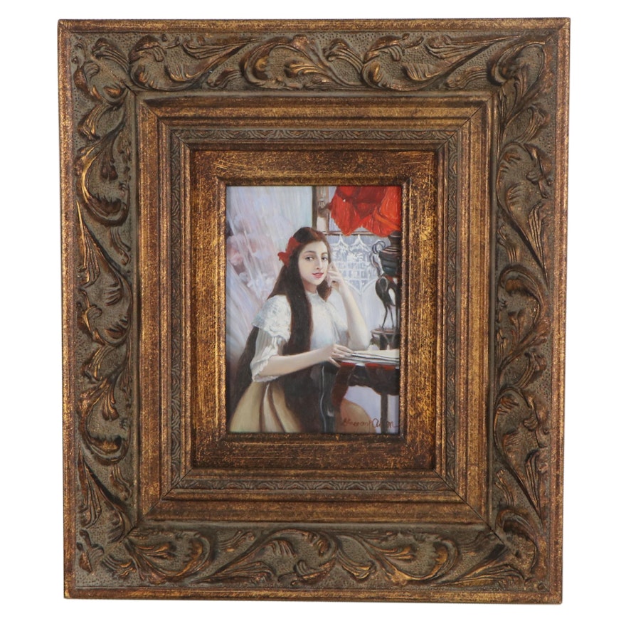 Oil Painting after Jules Verdier "A Portrait of a Young Girl," Late 20th Century