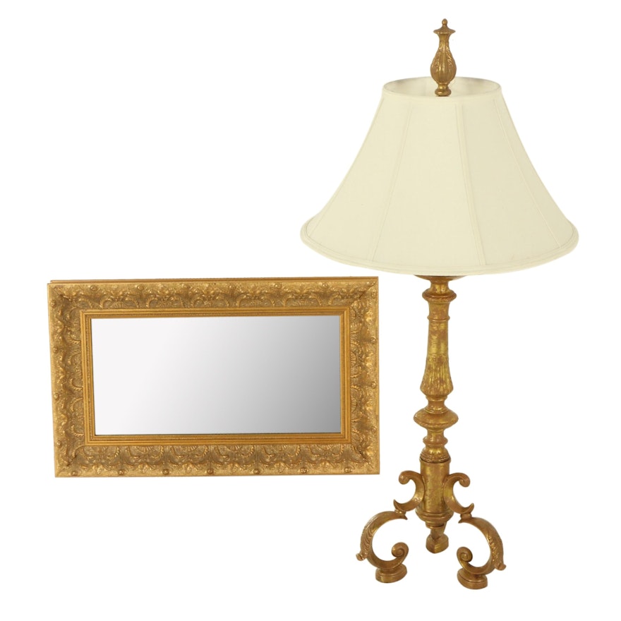 Windsor Art Baroque Style Wall Mirror with Gilt Metal Table Lamp