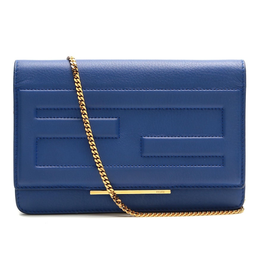 Fendi Vitello Tube Wallet in Blue Leather Chain Strap