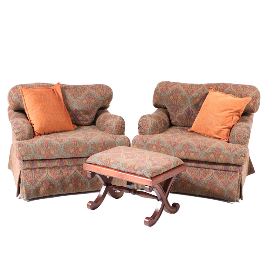 Vanguard Paisley Upholstered Lounge Chairs with Curule Stool