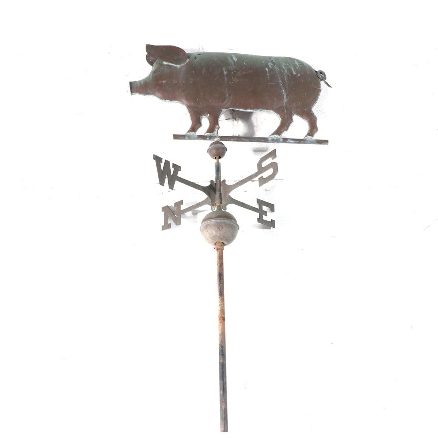 Cast Iron Weathervane with Patinated Copper Colored Pig