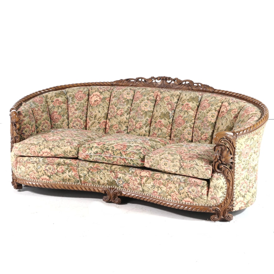 Rococo Style Floral-Upholstered and Brass-Tacked Channel-Back Sofa