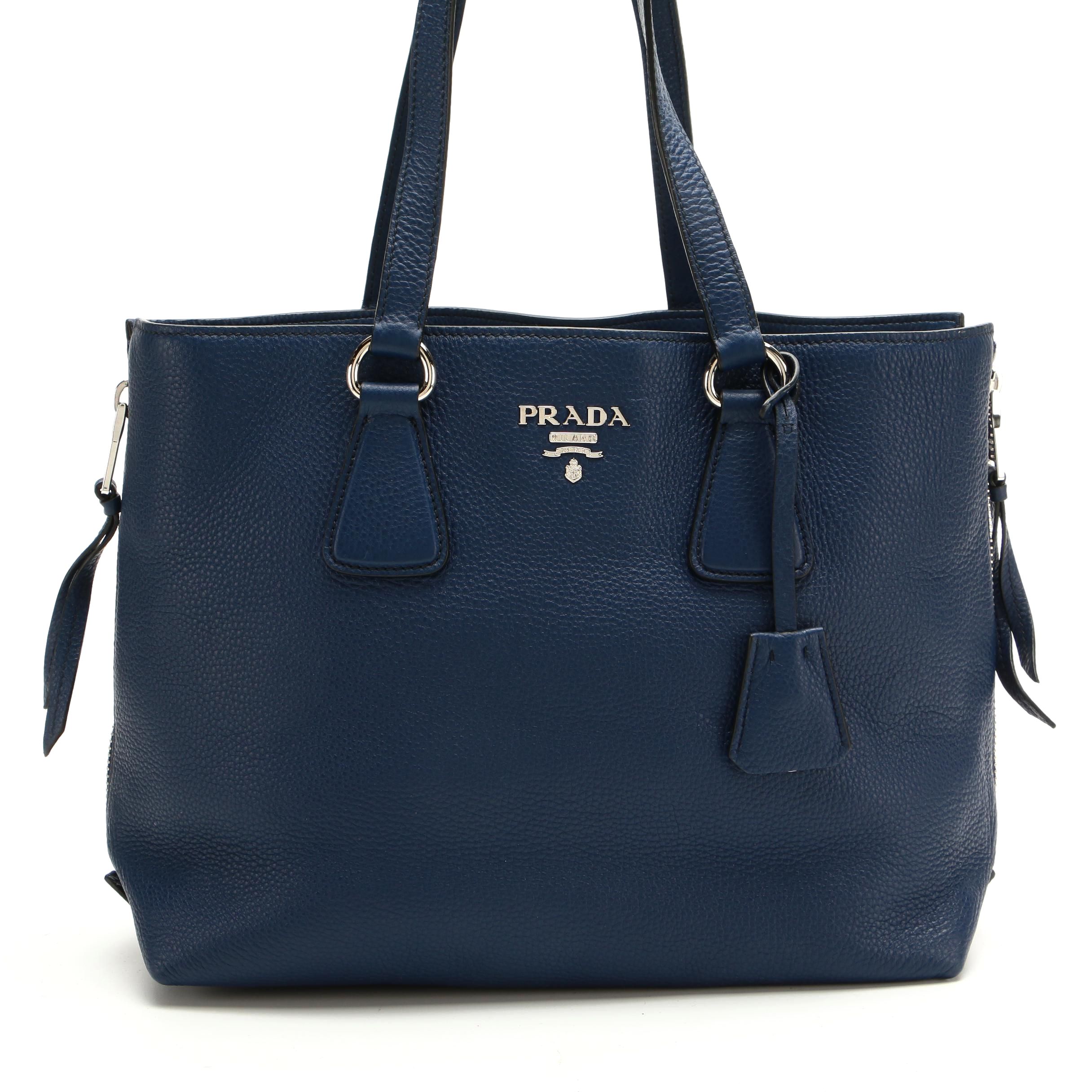 Prada Vitello Daino Leather Side Zip Tote in Indigo