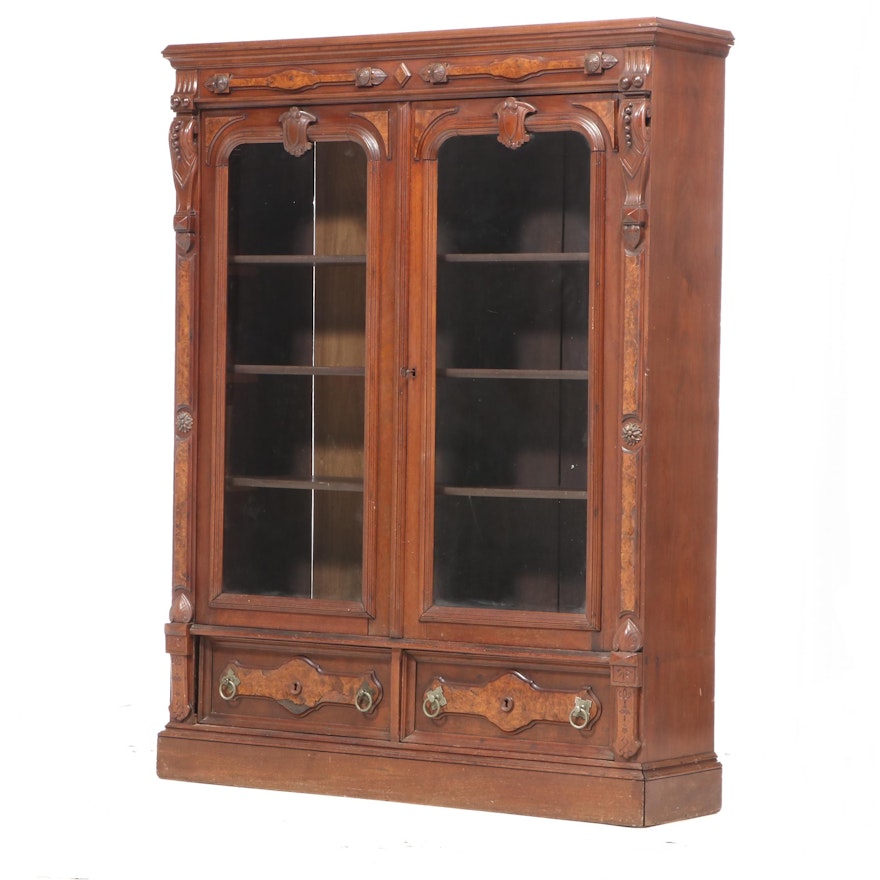 Victorian Renaissance Revival Walnut and Burl Walnut Bookcase, Late 19th Century