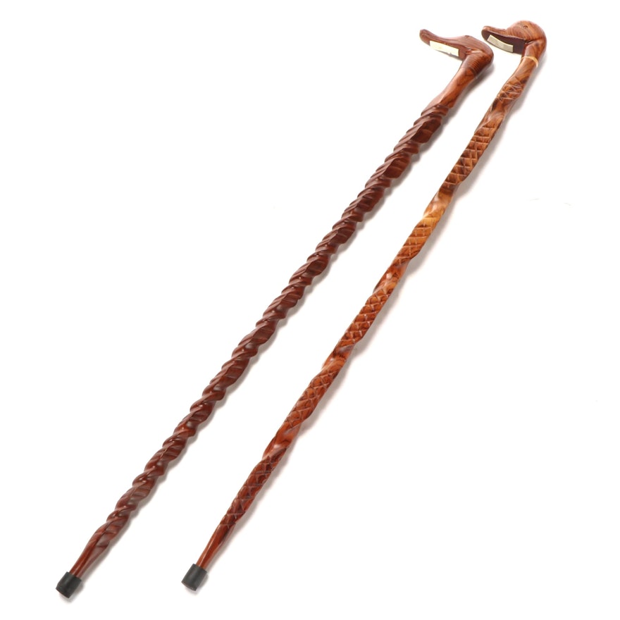Carved Wooden Walking Sticks with Duck Head Handles