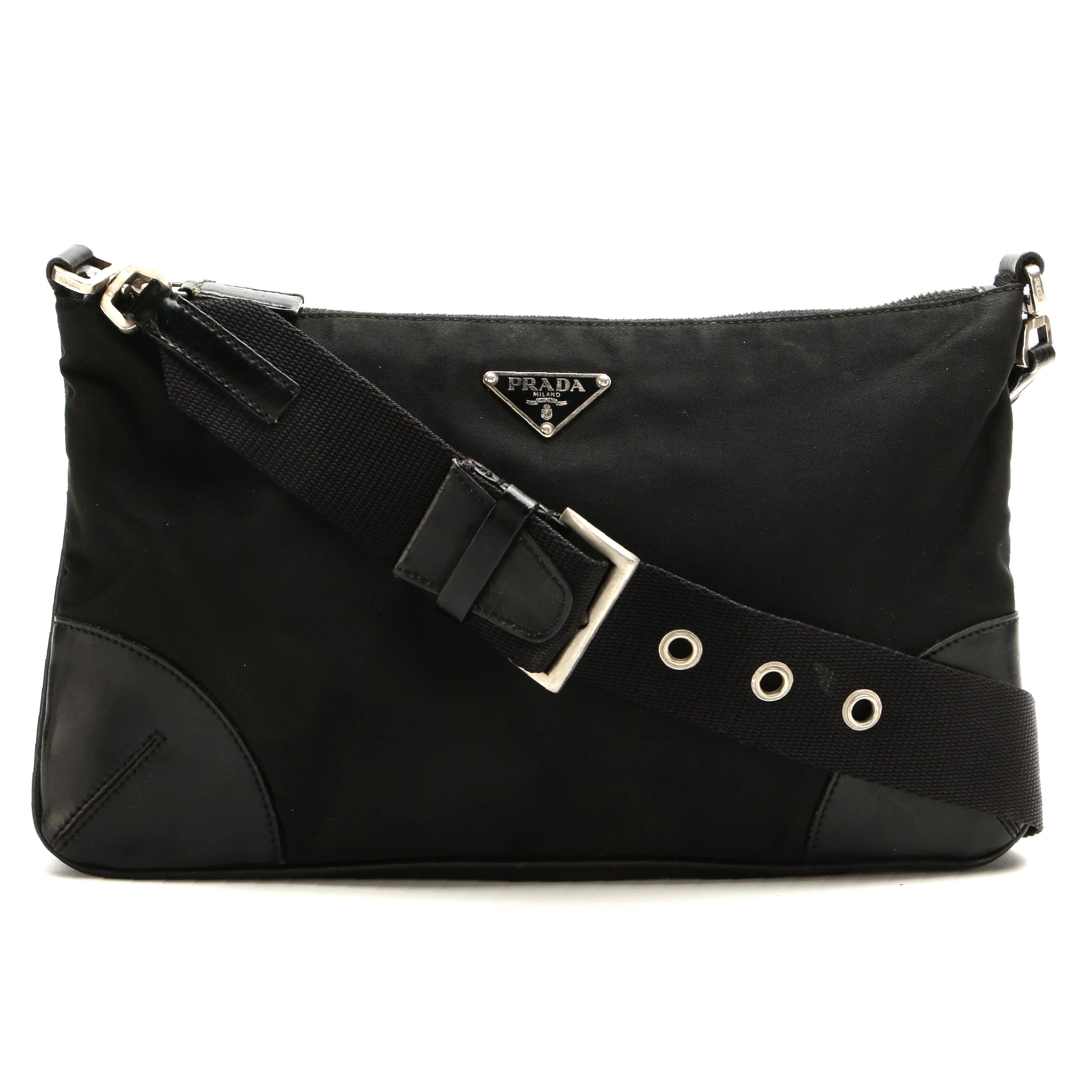 Prada Black Tessuto Nylon and Leather Grommet Strap Shoulder Bag