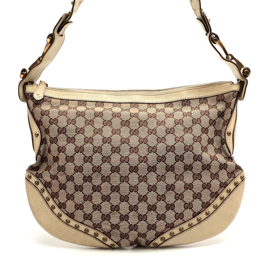 Gucci Pelham GG Canvas and Leather Grommet Web Strap Shoulder Bag