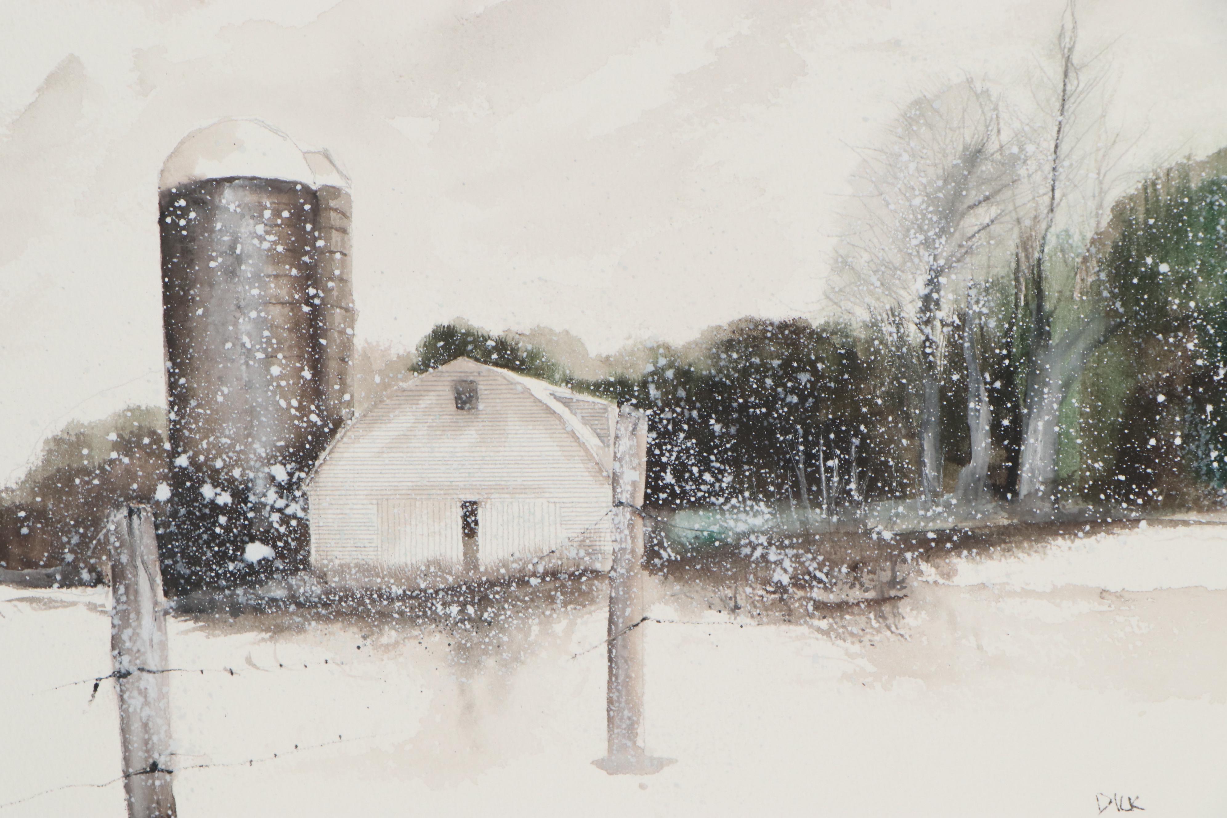 Dick Heffelfinger Watercolor Painting of Winter Farm, 2010