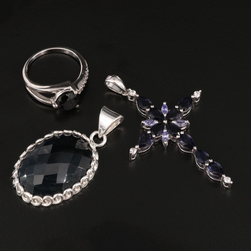 Sterling Ring and Pendants Featuring Iolite, Black Onyx and Quartz Over Jasper