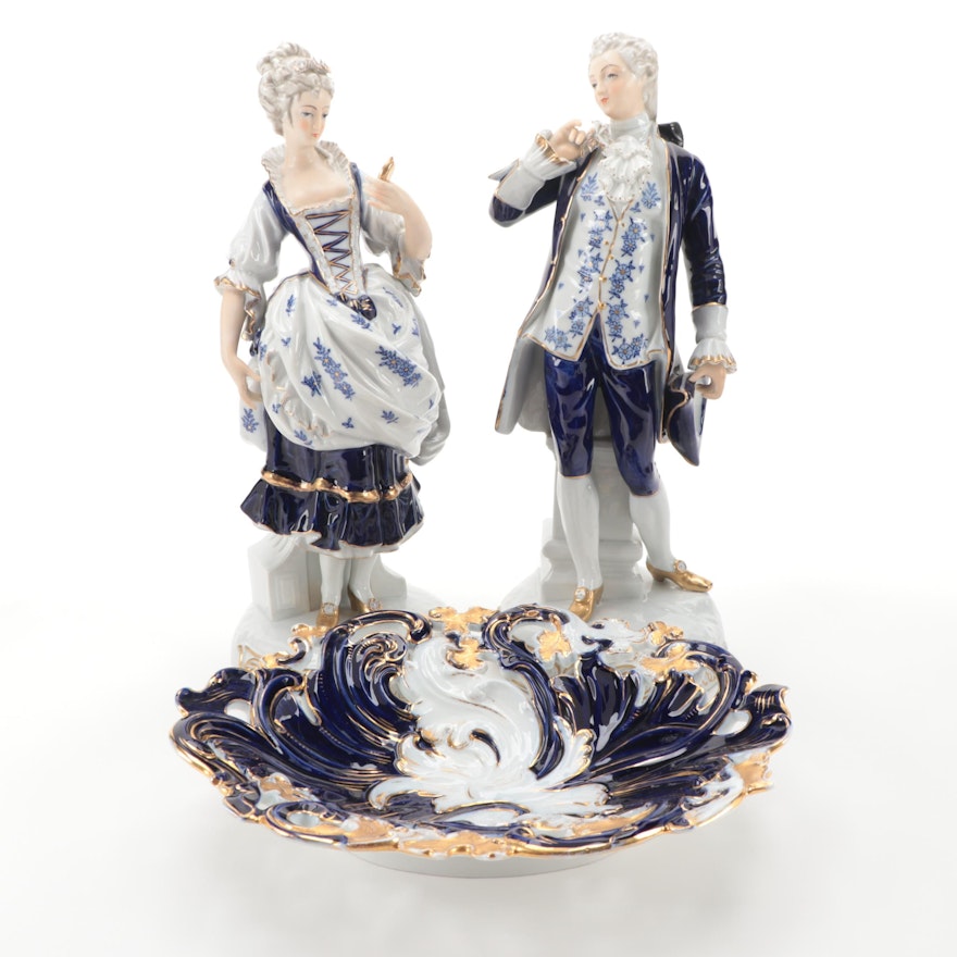 Meissen Porcelain Cobalt and Gilt Bowl with Other Rococo Style Figurines
