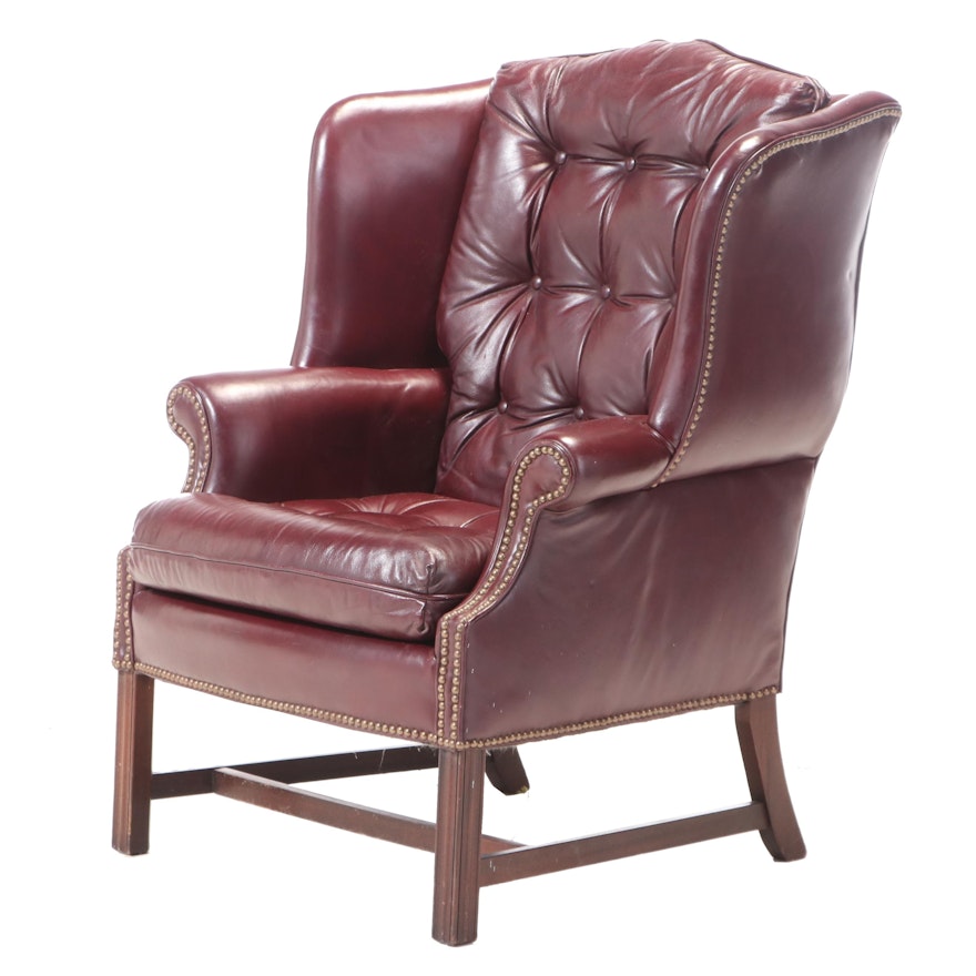 Chippendale Style Button-Down Burgundy Leather Armchair, Late 20th Century