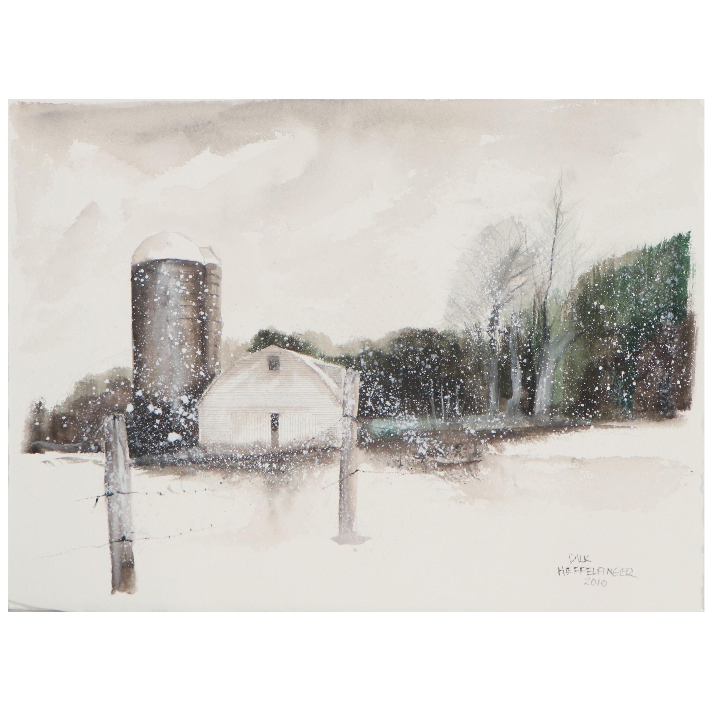 Dick Heffelfinger Watercolor Painting of Winter Farm, 2010