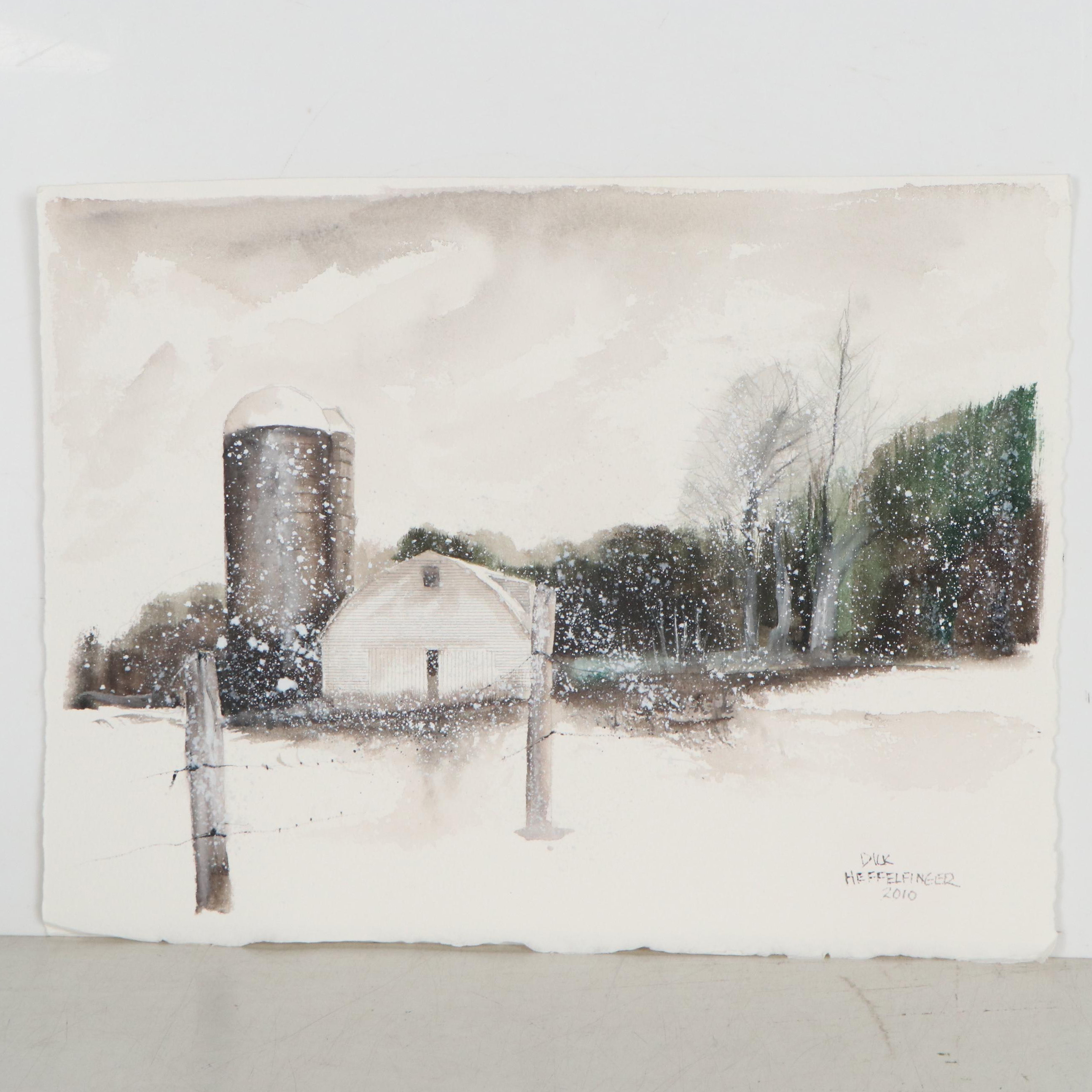 Dick Heffelfinger Watercolor Painting of Winter Farm, 2010