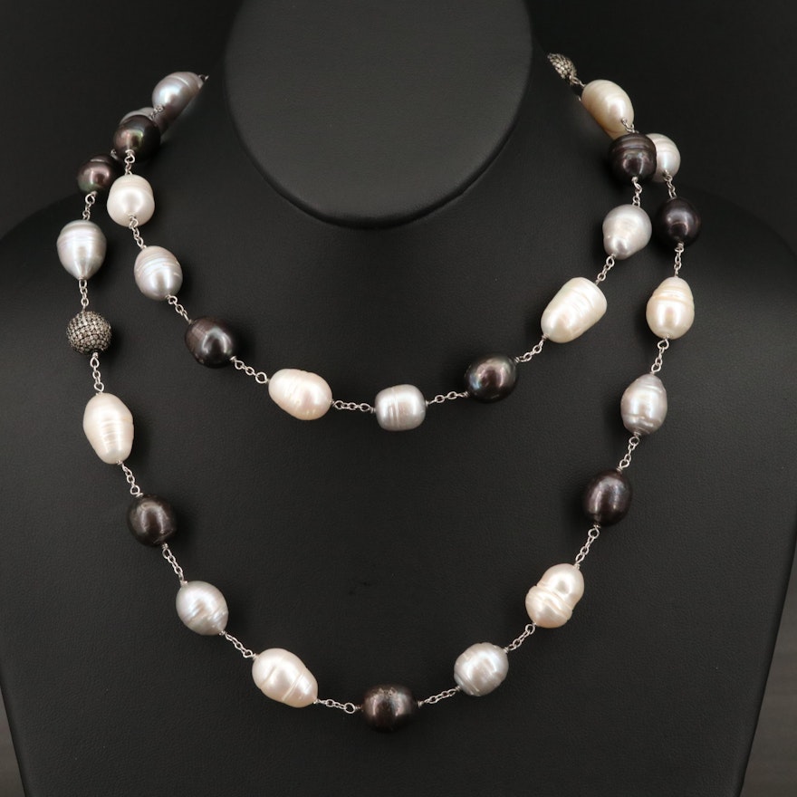 Sterling Silver Pearl and Diamond Necklace