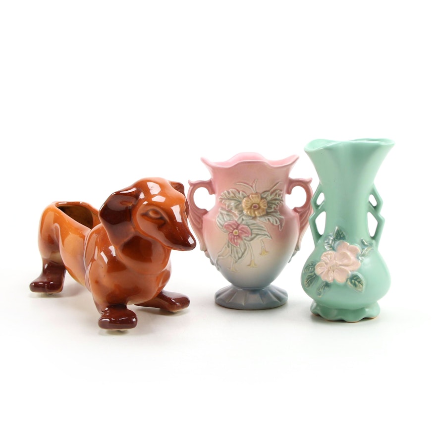 Hull Art Pottery Dachshund Planter with Floral Hull and Weller Pottery Vases