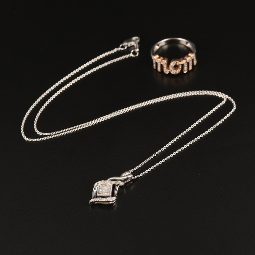 Sterling Diamond Pendant Necklace and "Mom" Ring
