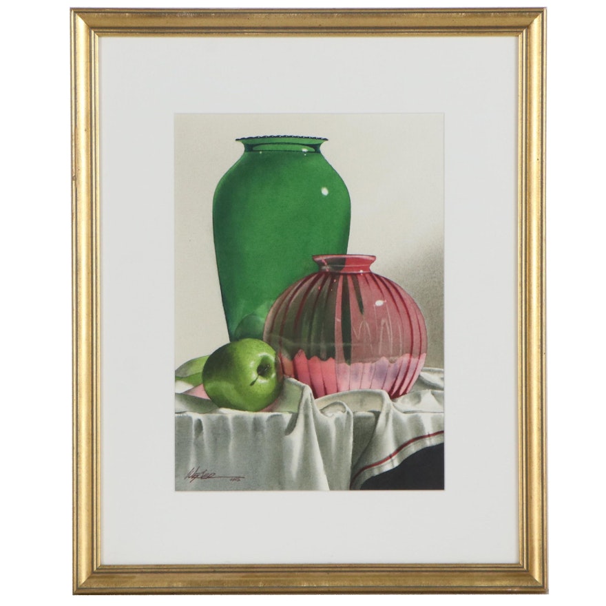 Michael J. Weber Watercolor Painting "Green & Cranberry Glass," 1997