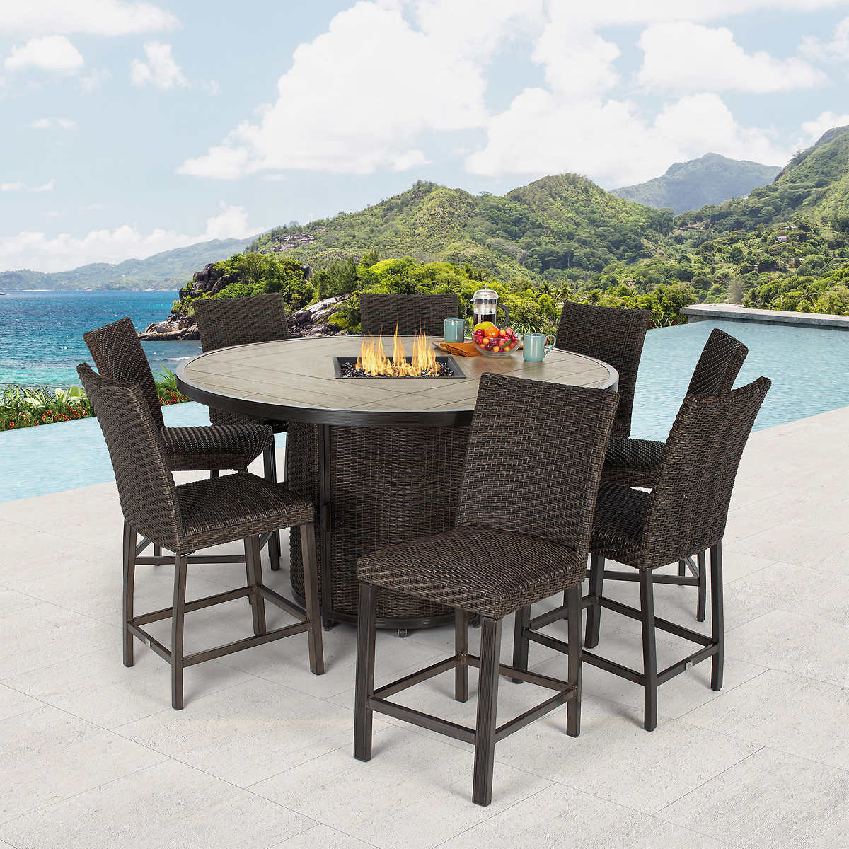 Agio "McKenzy" Nine-Piece Fire High-Top Patio Dining Set