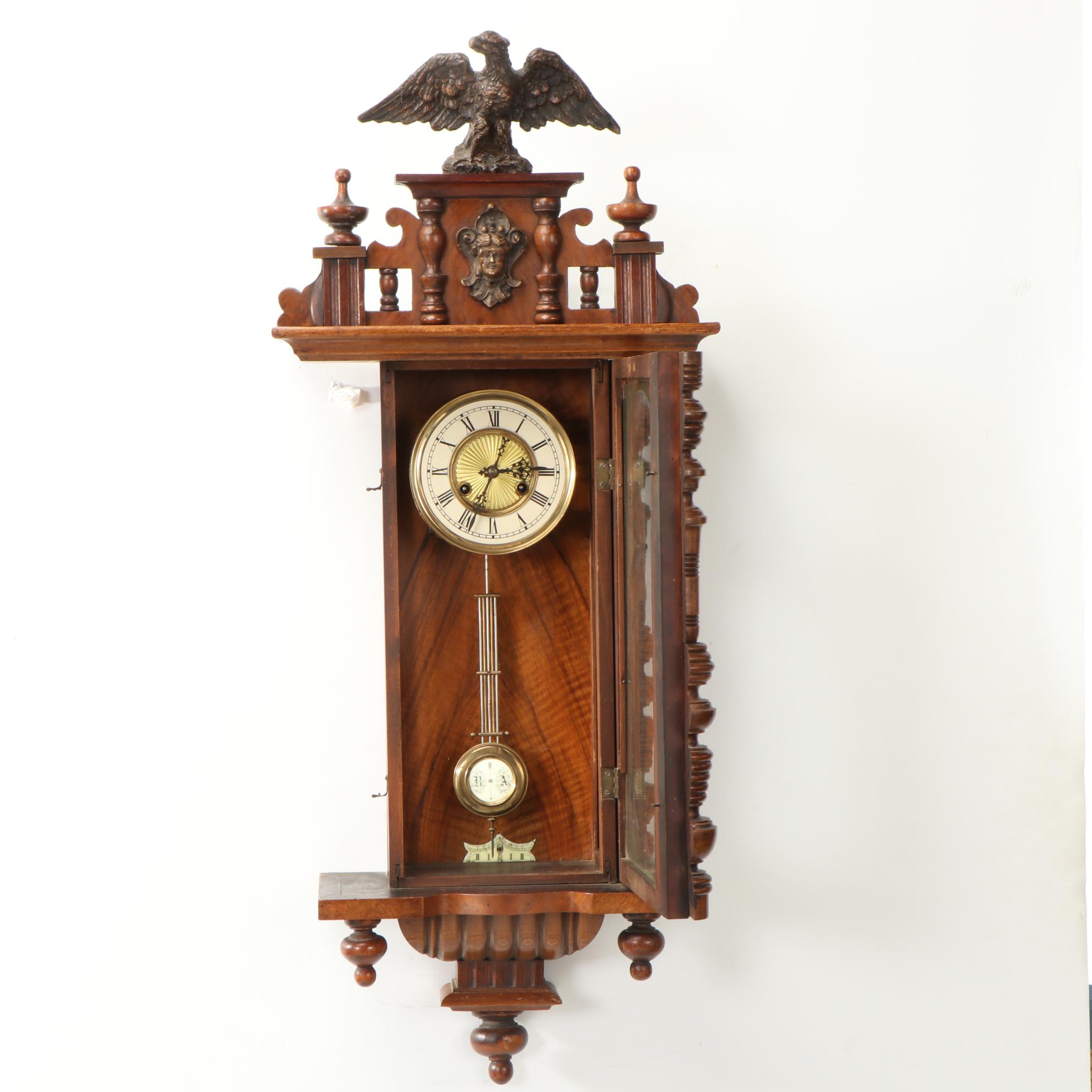Viennese Regulator Alt Deutsch Style Walnut Clock with Eagle Finial