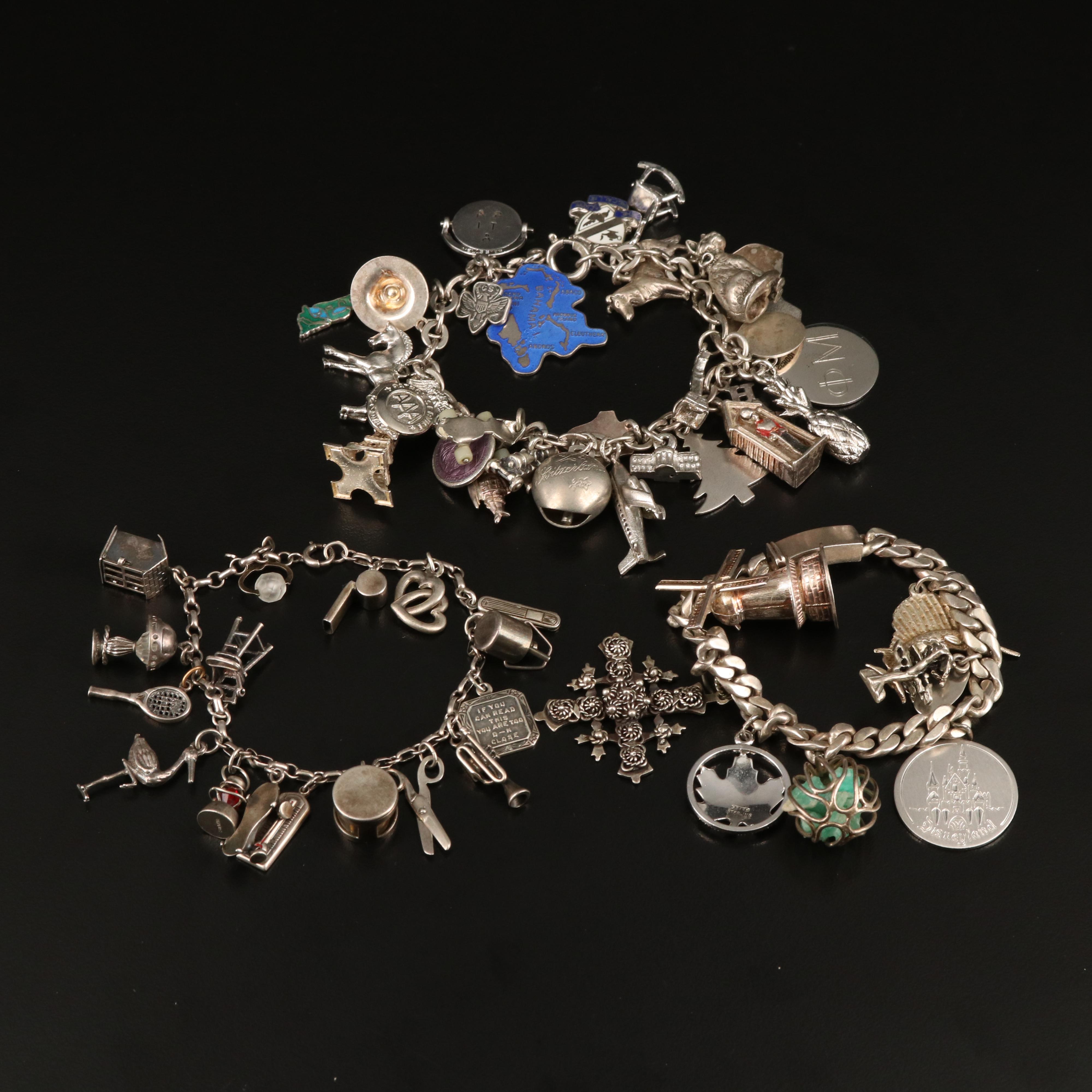 Vintage Sterling, 800 and 900 Silver Charm Bracelets with Gemstones