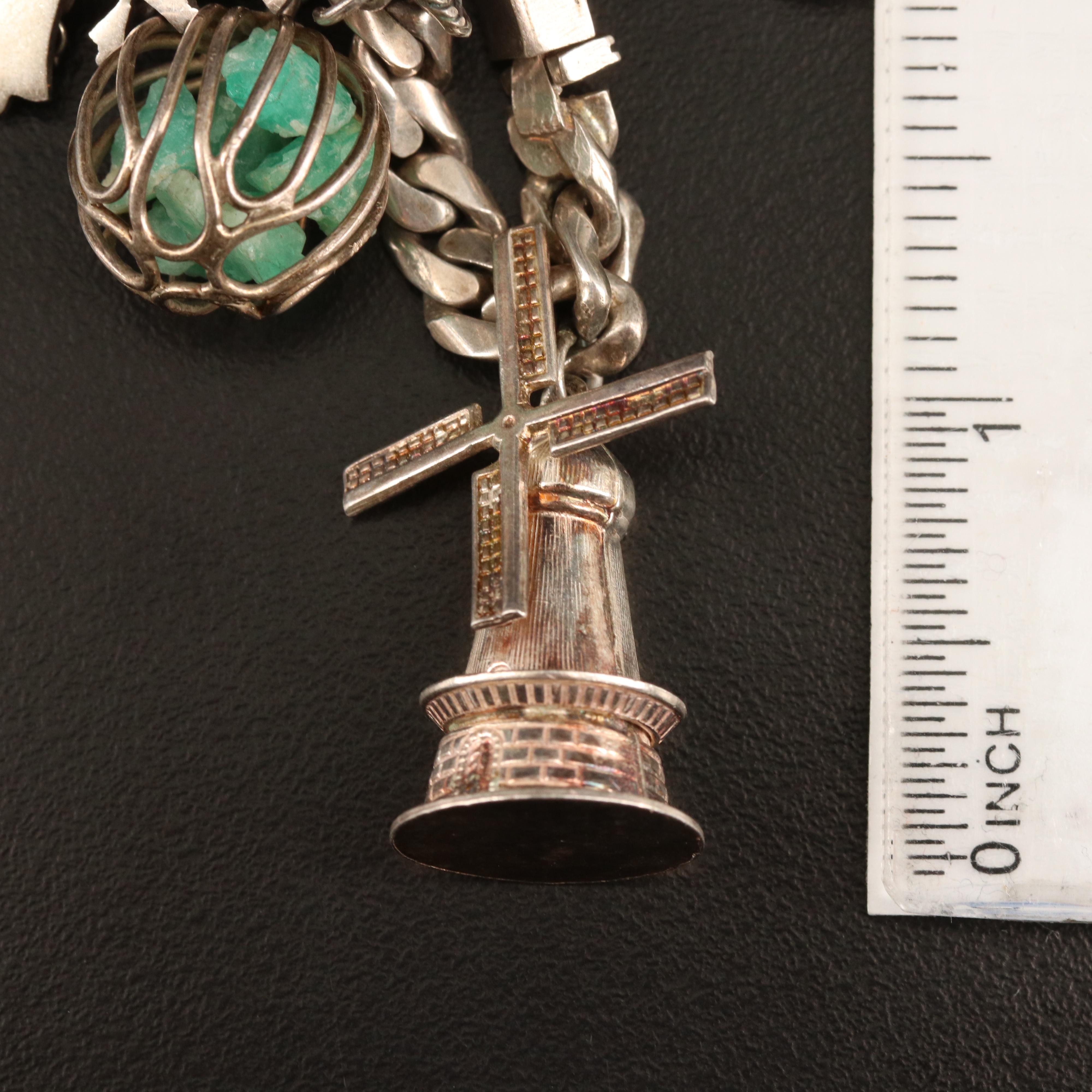 Vintage Sterling, 800 and 900 Silver Charm Bracelets with Gemstones