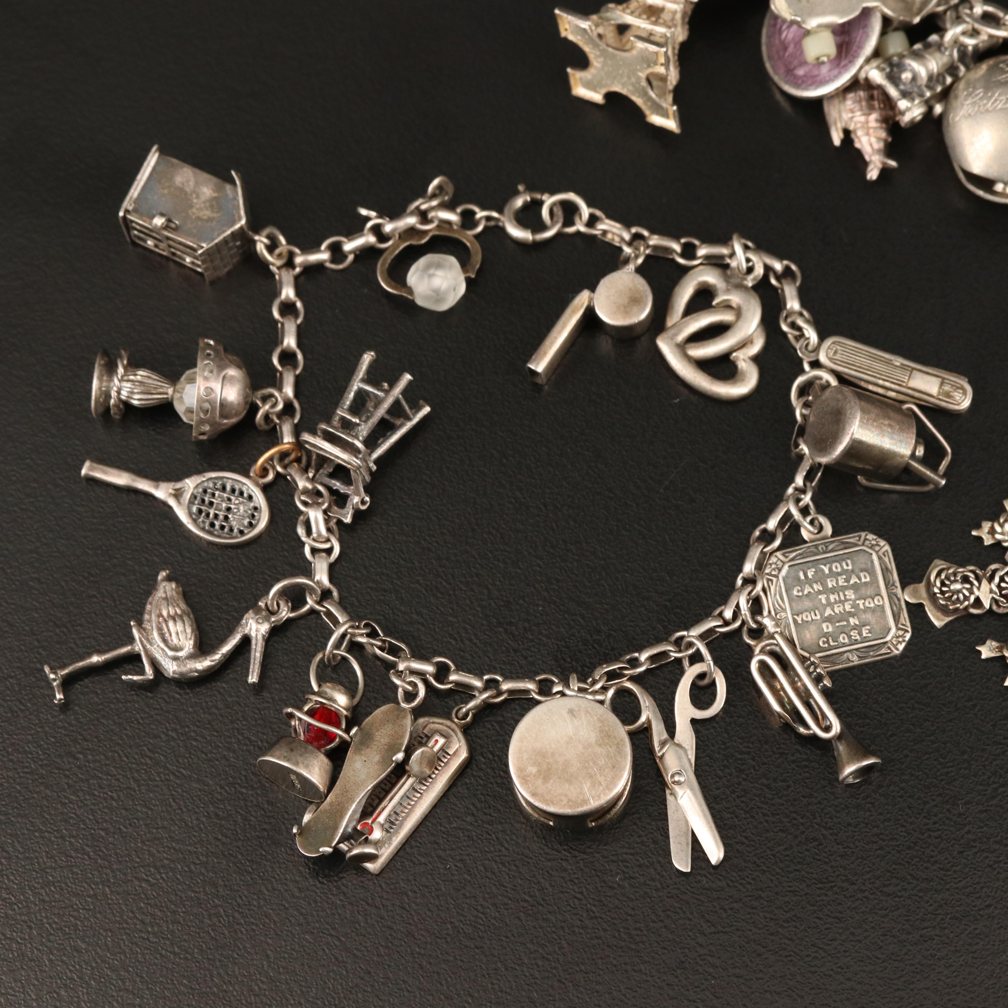 Vintage Sterling, 800 and 900 Silver Charm Bracelets with Gemstones