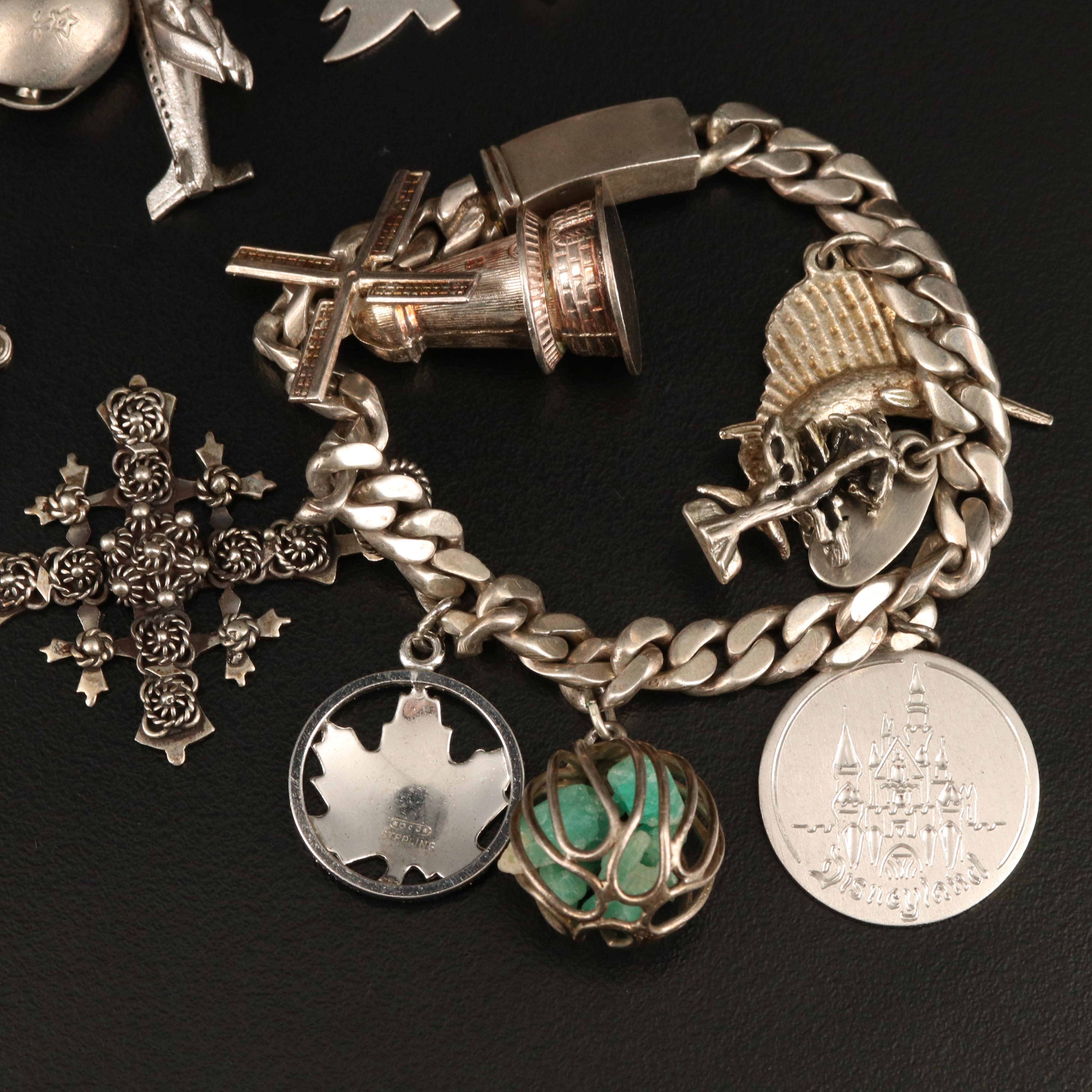 Vintage Sterling, 800 and 900 Silver Charm Bracelets with Gemstones