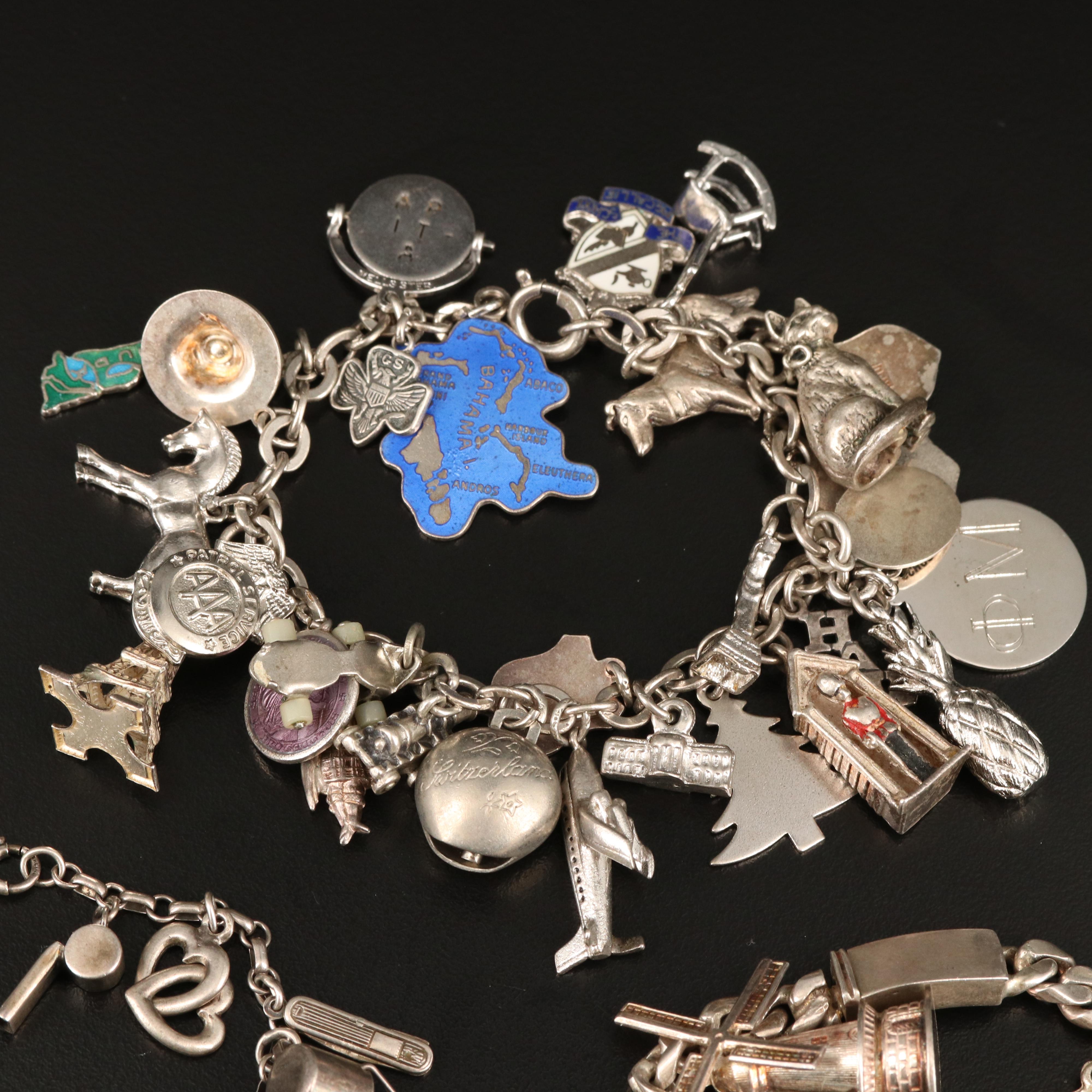 Vintage Sterling, 800 and 900 Silver Charm Bracelets with Gemstones