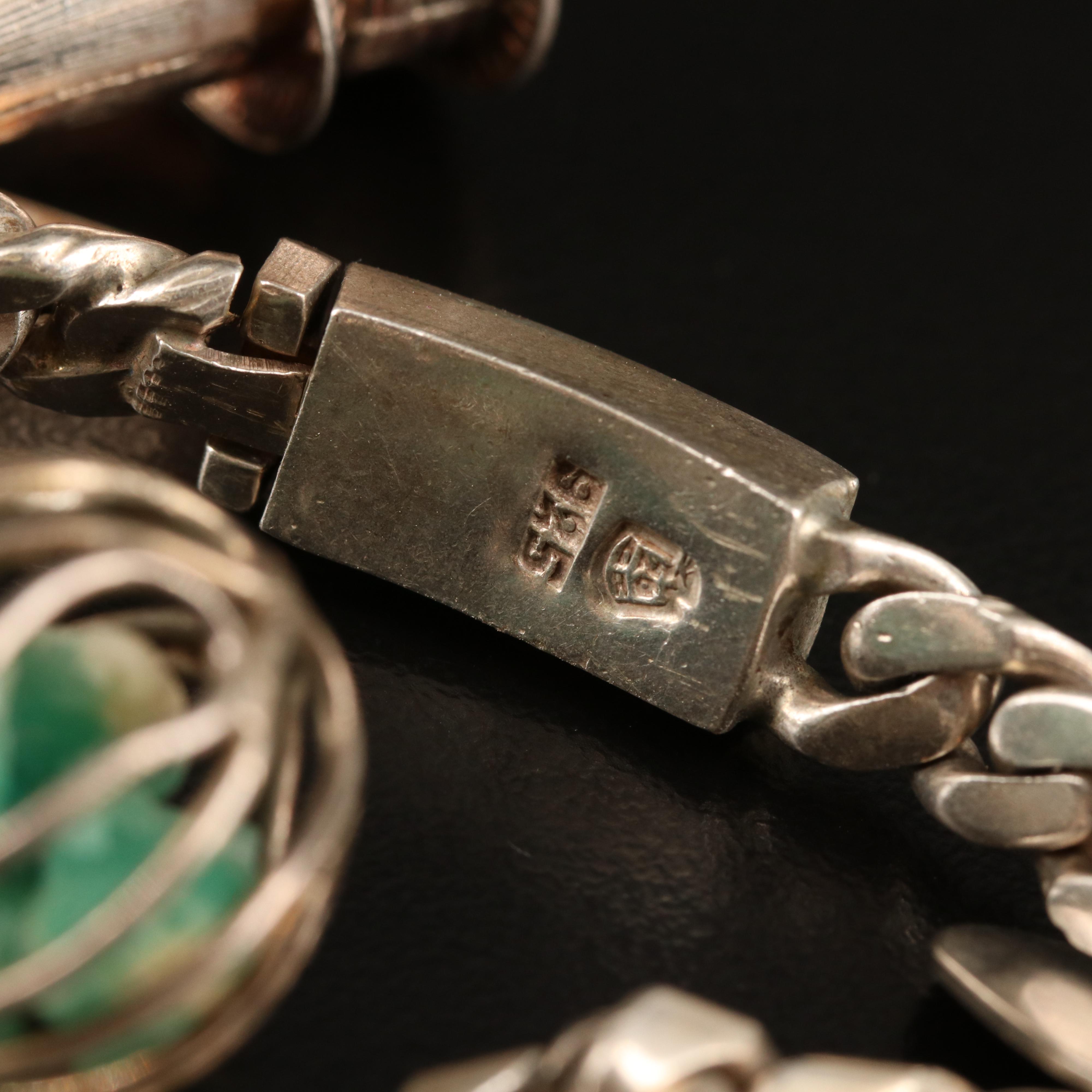 Vintage Sterling, 800 and 900 Silver Charm Bracelets with Gemstones