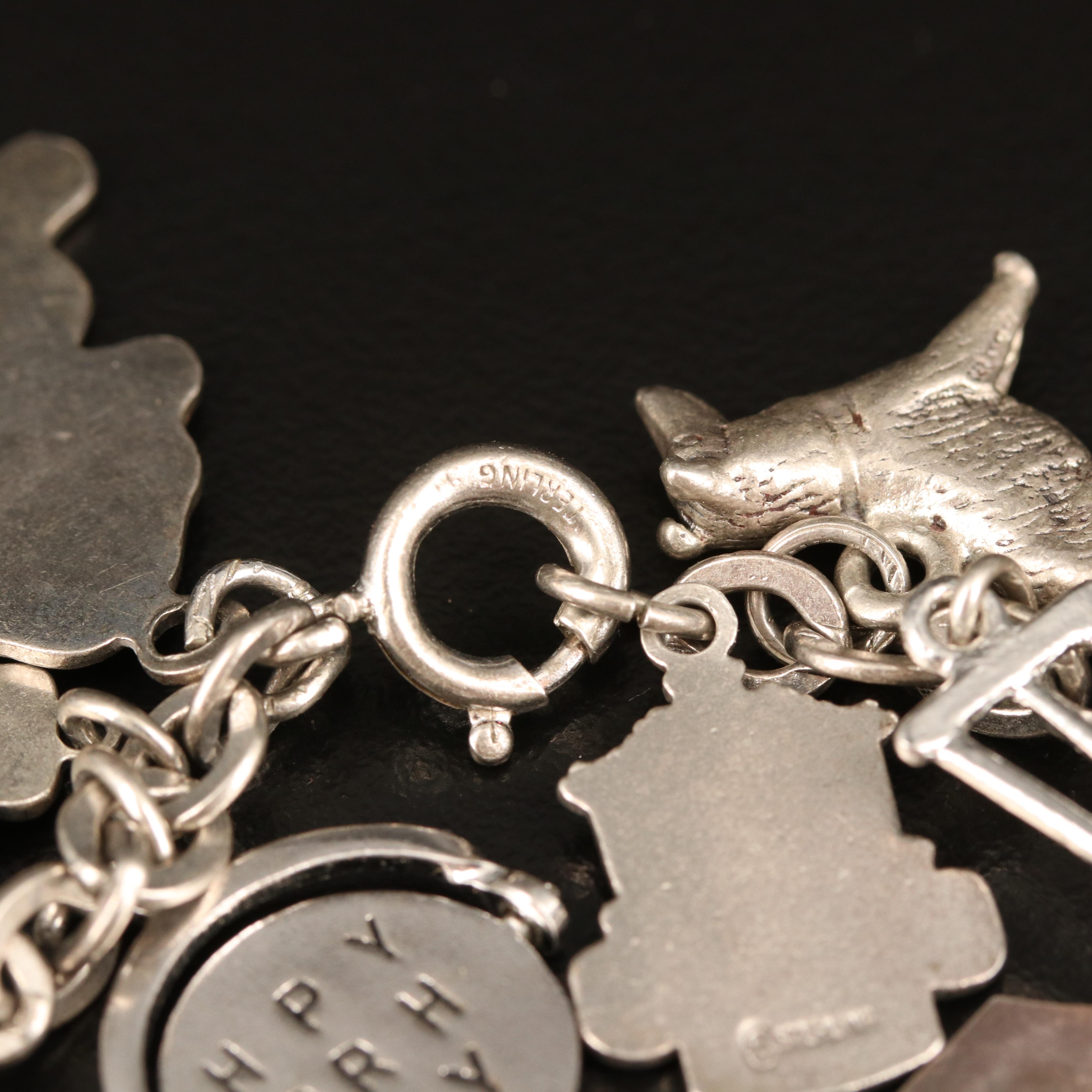 Vintage Sterling, 800 and 900 Silver Charm Bracelets with Gemstones