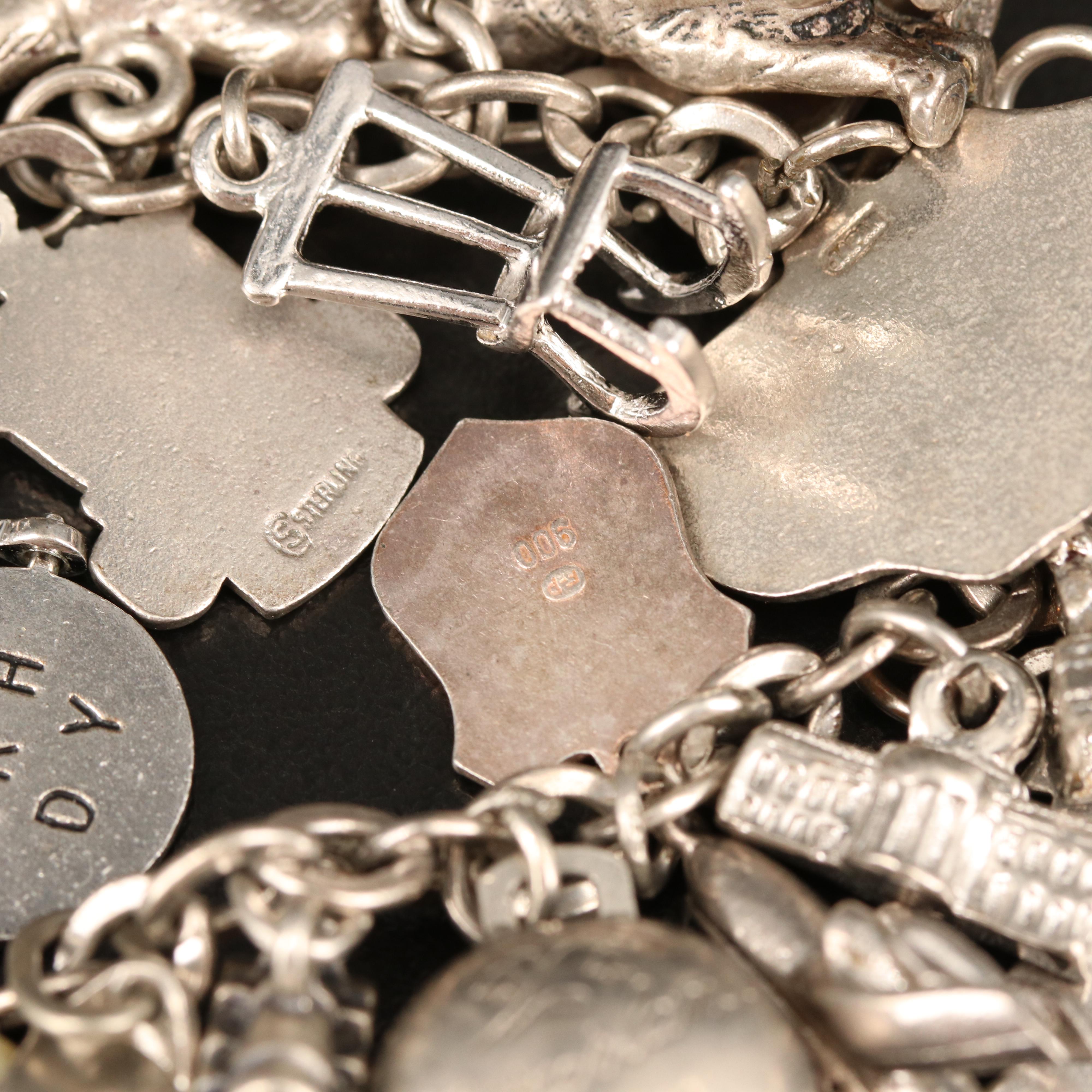 Vintage Sterling, 800 and 900 Silver Charm Bracelets with Gemstones