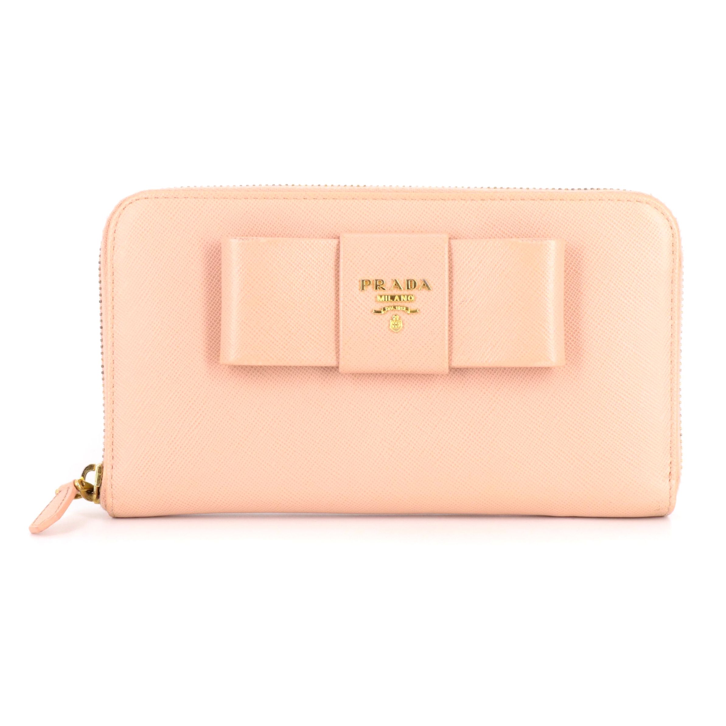 Prada Bow Zipper Long Wallet in Blush Pink Saffiano Leather