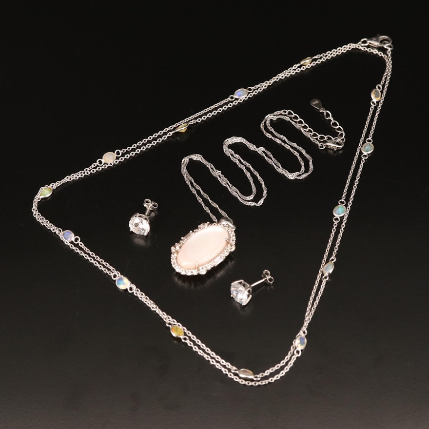 Sterling Necklaces and Earrings Including Opal, Mother of Pearl and Topaz