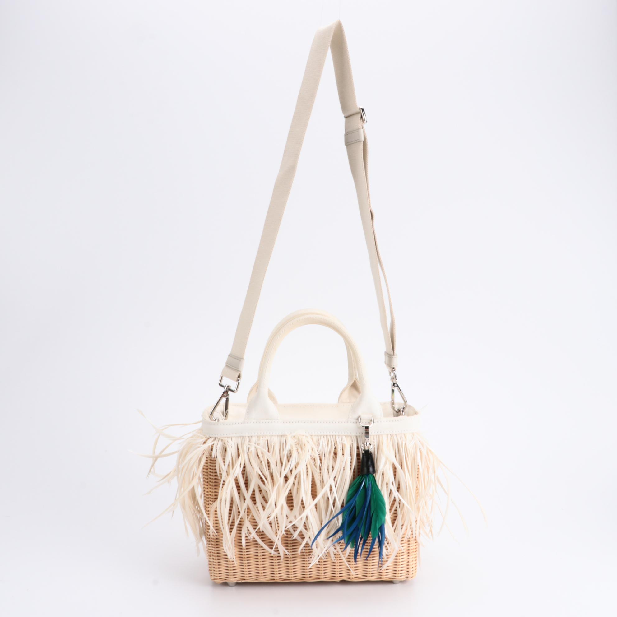 Prada Midollino Two-Way Bag in Woven Wicker and Leather with Feather Fringe