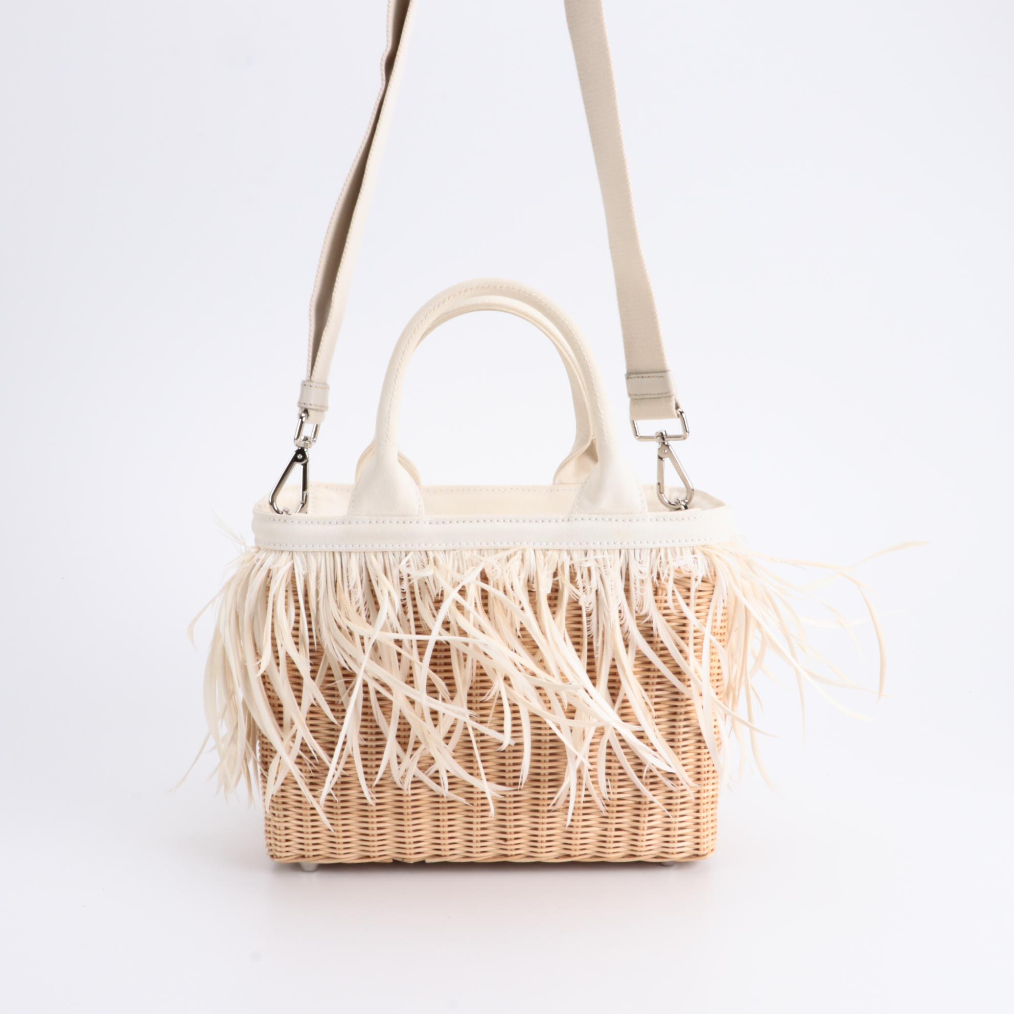 Prada Midollino Two-Way Bag in Woven Wicker and Leather with Feather Fringe