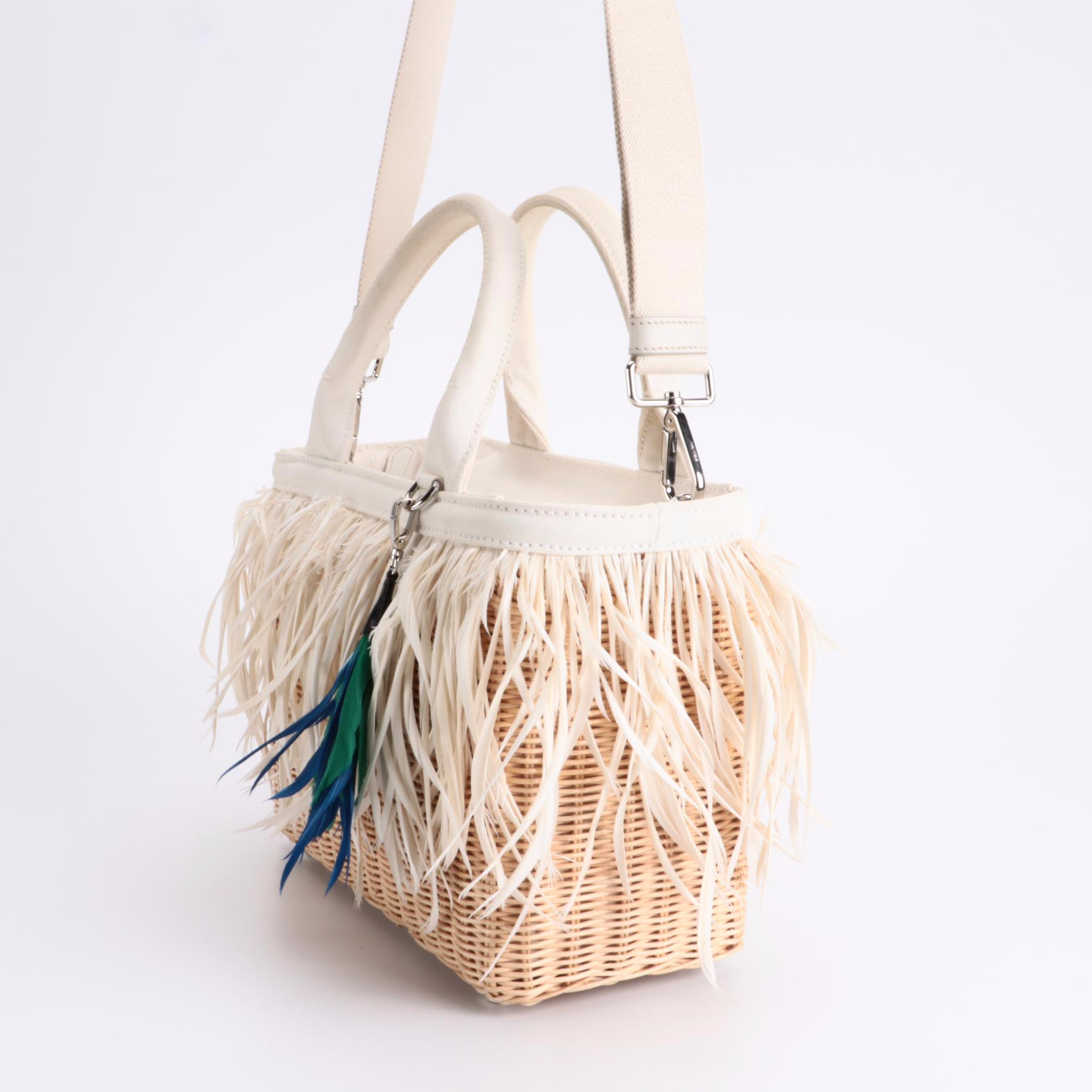 Prada Midollino Two-Way Bag in Woven Wicker and Leather with Feather Fringe