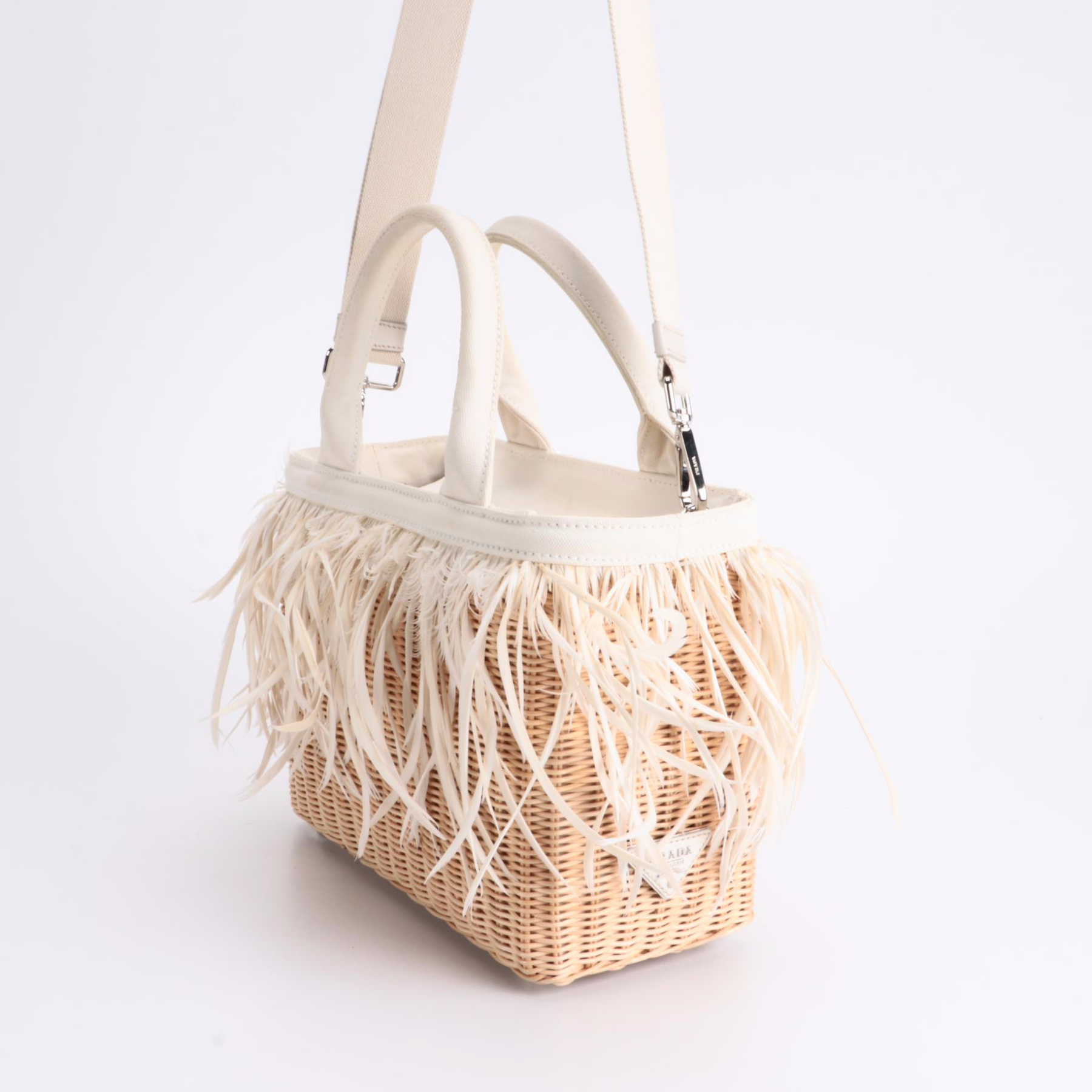Prada Midollino Two-Way Bag in Woven Wicker and Leather with Feather Fringe