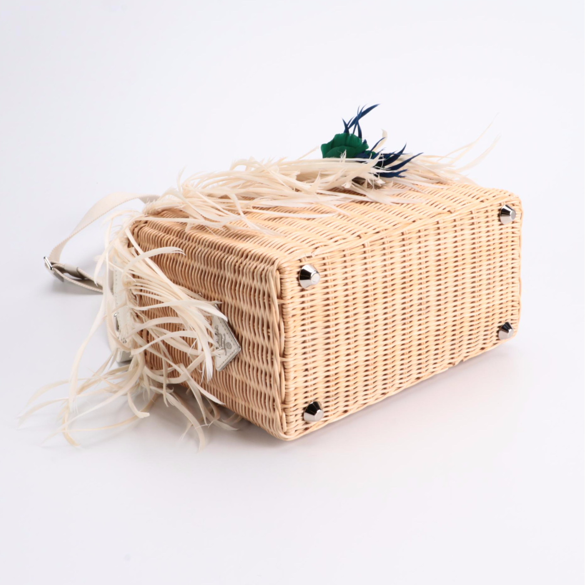 Prada Midollino Two-Way Bag in Woven Wicker and Leather with Feather Fringe