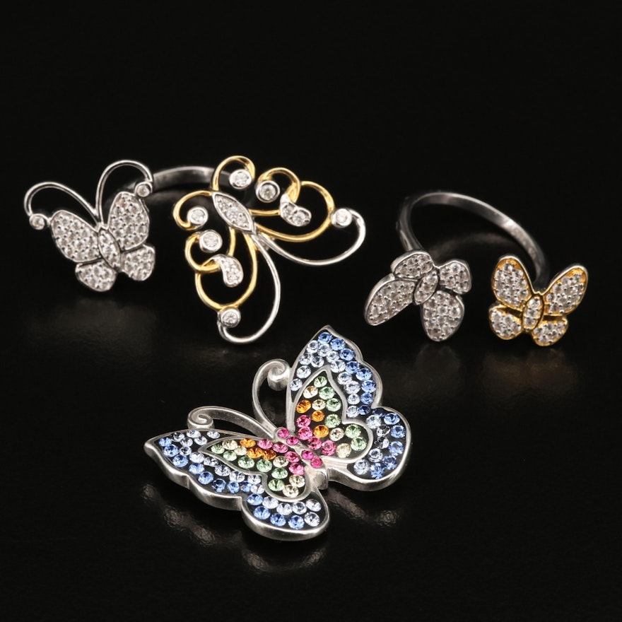 Sterling Silver Zircon and Rhinestone Butterfly Rings and Pendant