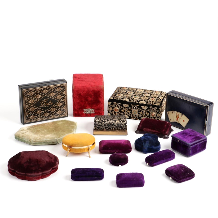 Velvet Clamshell and Leather Jewelry Boxes, Mid-20th Century