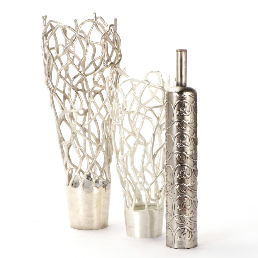 Gold Leaf Design "Vine" Silver Plated Aluminum Vases with Other Metal Floor Vase