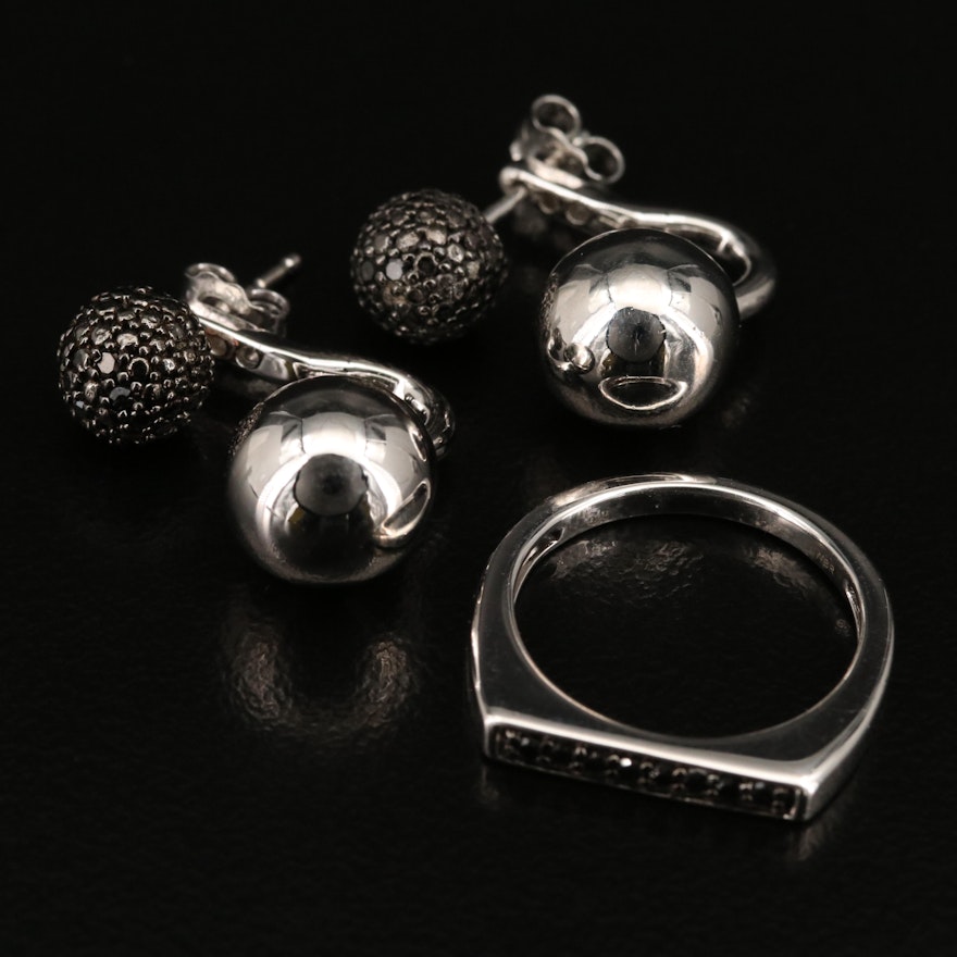 Sterling Silver Diamond Ring and Stud Earrings with Jackets